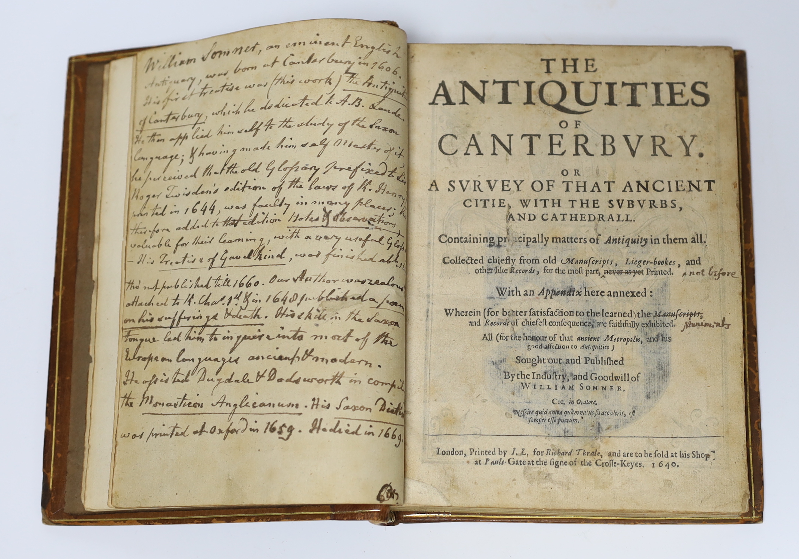 Somner, William - The Antiquities of Canterbury. Or a survey of that ancient citie, with the suburbs, and cathedrall... First Edition. folded pictorial city plan, another of the cathedral, a folded plate and hand coloure